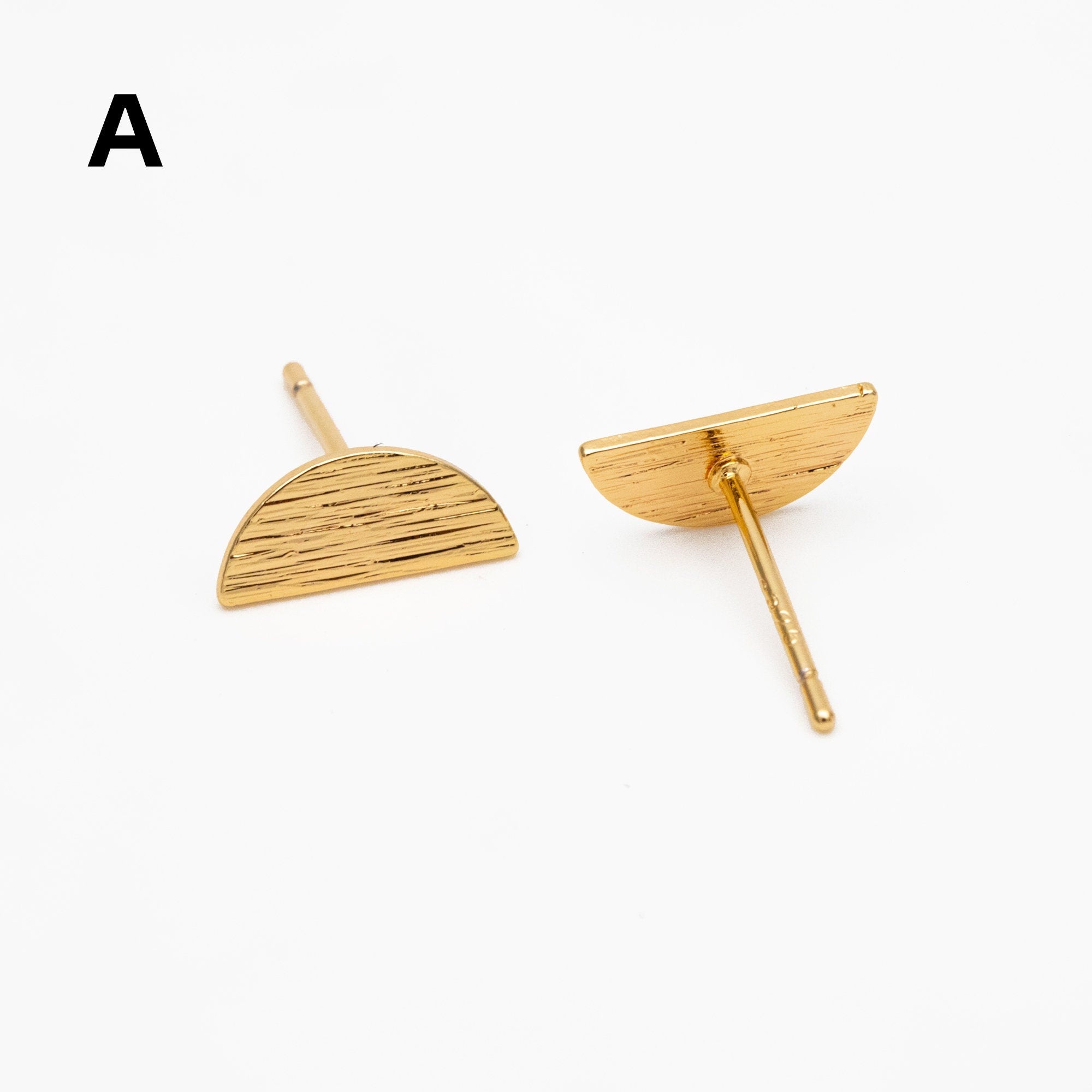 10pcs Gold Brushed Geometric Earrings, Real Gold Plated Brass, Semi Circle/ Triangle/ Square/ Round Earring Studs (GB-4060)